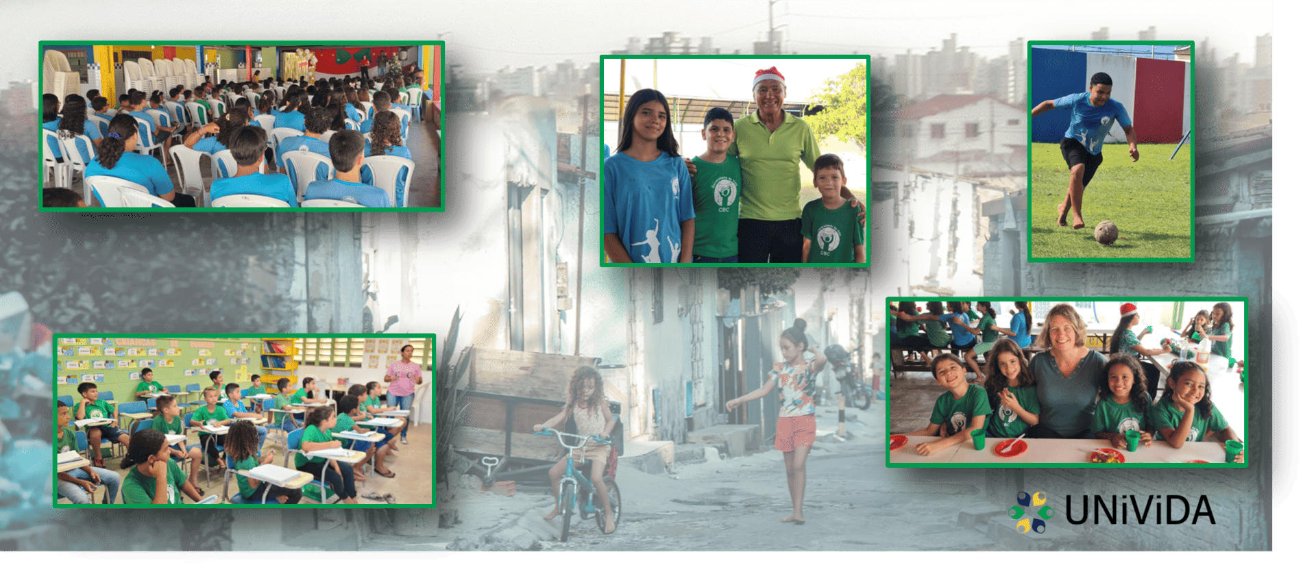 Image of the slums with photos of children in the project appearing in front.
